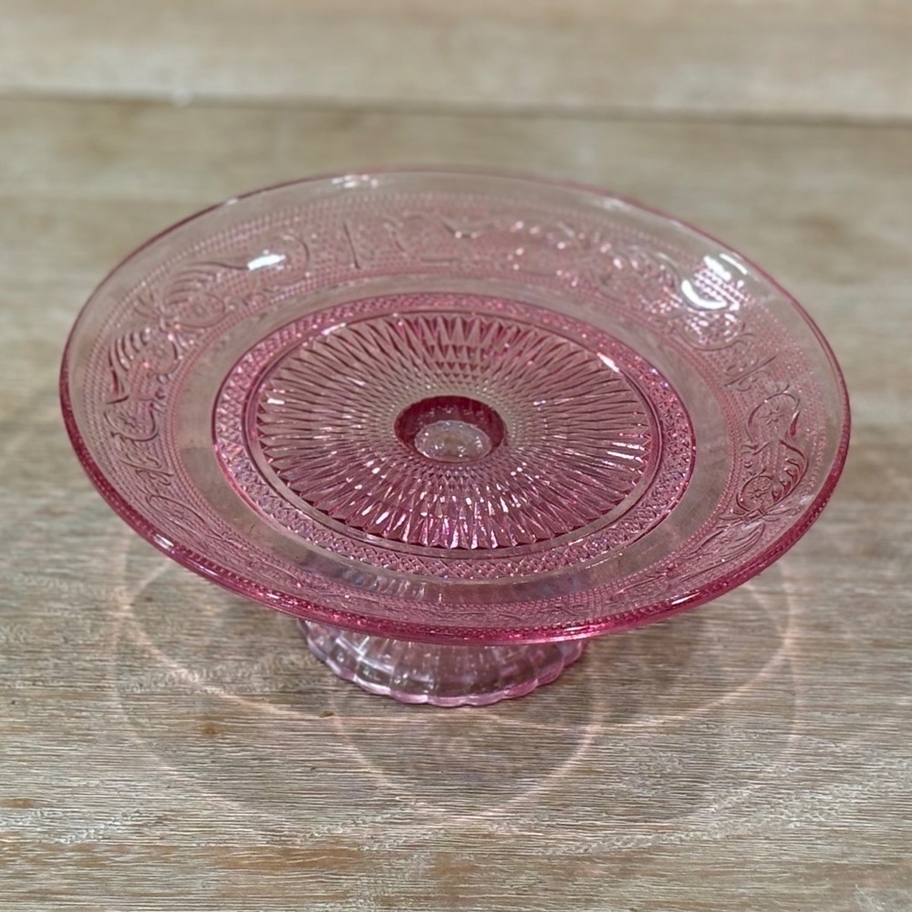 Pink Embossed Fleur de Lis Glass 8” Fluted Foot Dessert Stand